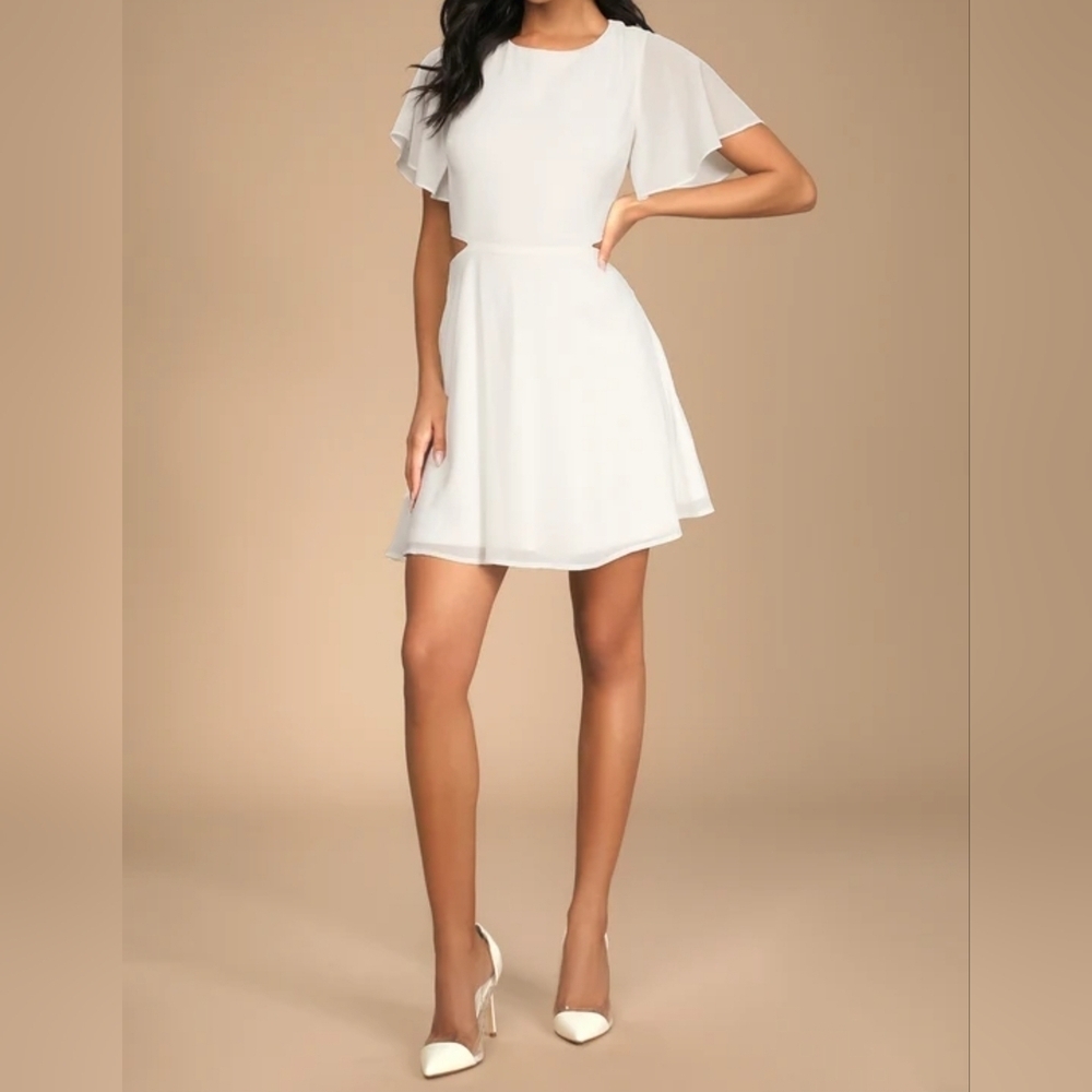 Lulus Blissful Love Ivory Cutout Mini Skater Dress, Flutter Chiffon Sleeves - Picture 3 of 11